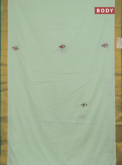 Mul cotton saree pista green and green with embroidery work buttas and embroidery work pallu & zari woven border