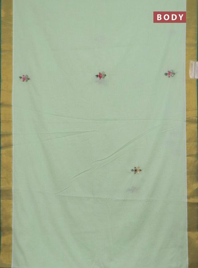 Mul cotton saree pista green and green with embroidery work buttas and embroidery work pallu & zari woven border