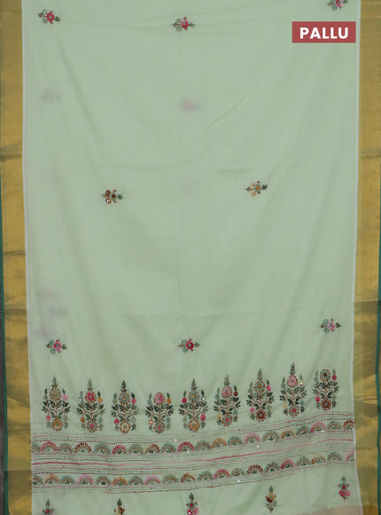 Mul cotton saree pista green and green with embroidery work buttas and embroidery work pallu & zari woven border
