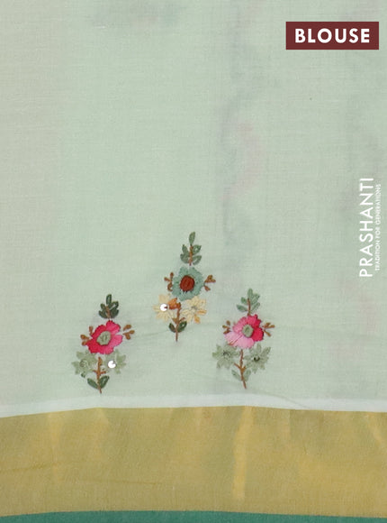 Mul cotton saree pista green and green with embroidery work buttas and embroidery work pallu & zari woven border
