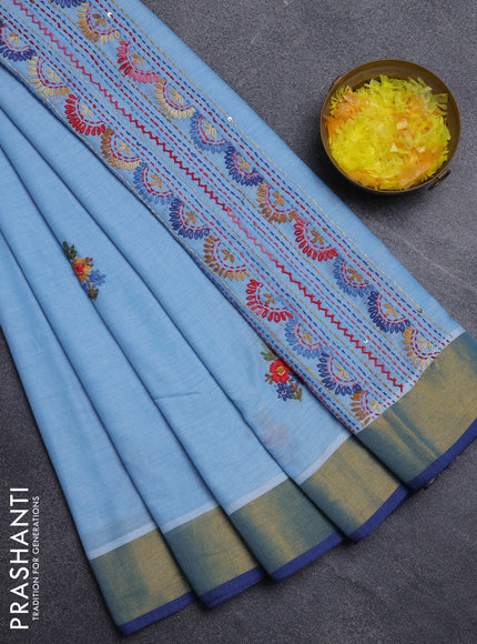 Mul cotton saree light blue and blue with embroidery work buttas and embroidery work pallu & zari woven border