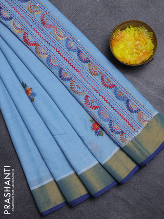Mul cotton saree light blue and blue with embroidery work buttas and embroidery work pallu & zari woven border