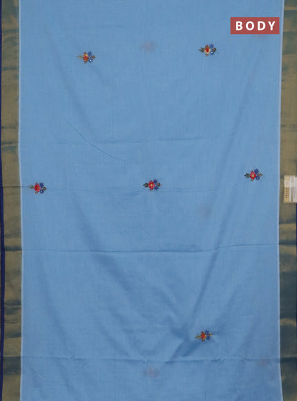 Mul cotton saree light blue and blue with embroidery work buttas and embroidery work pallu & zari woven border