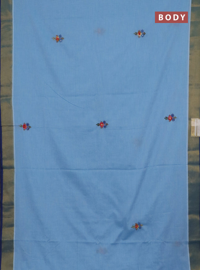 Mul cotton saree light blue and blue with embroidery work buttas and embroidery work pallu & zari woven border