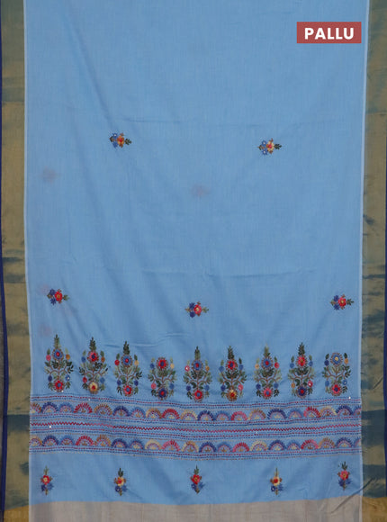 Mul cotton saree light blue and blue with embroidery work buttas and embroidery work pallu & zari woven border