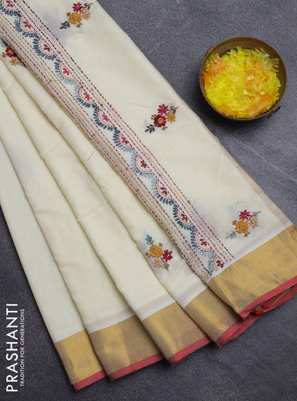 Mul cotton saree cream and red with embroidery work buttas and embroidery work pallu & zari woven border