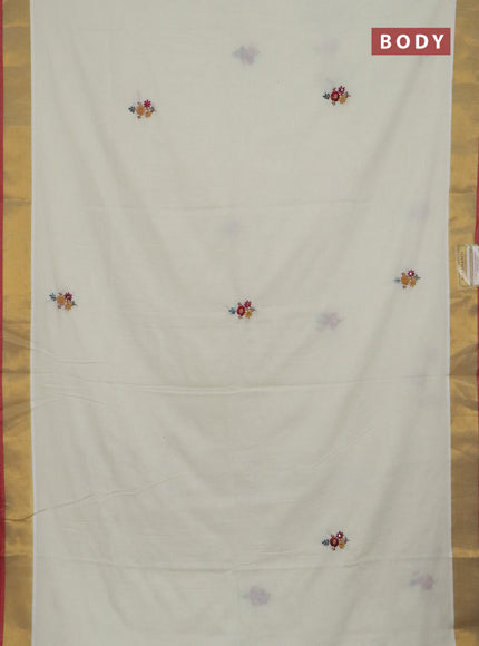 Mul cotton saree cream and red with embroidery work buttas and embroidery work pallu & zari woven border