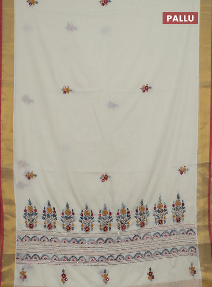 Mul cotton saree cream and red with embroidery work buttas and embroidery work pallu & zari woven border