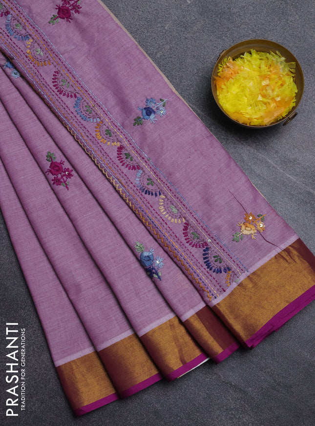 Mul cotton saree mild purple and purple with embroidery work buttas and embroidery work pallu & zari woven border