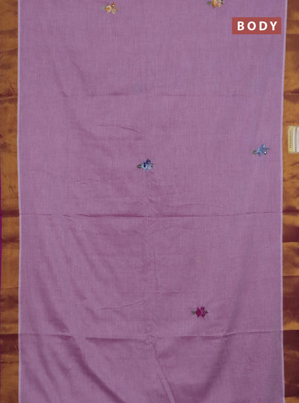 Mul cotton saree mild purple and purple with embroidery work buttas and embroidery work pallu & zari woven border