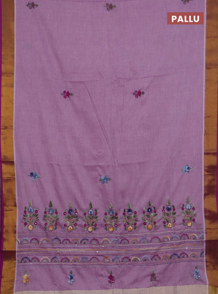 Mul cotton saree mild purple and purple with embroidery work buttas and embroidery work pallu & zari woven border