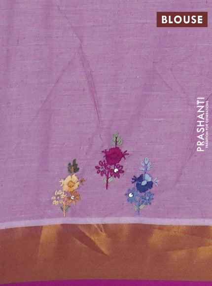 Mul cotton saree mild purple and purple with embroidery work buttas and embroidery work pallu & zari woven border