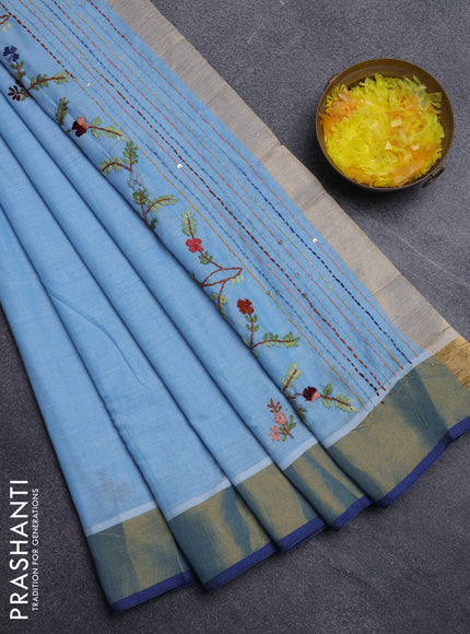 Mul cotton saree light blue and blue with embroidery work buttas and embroidery work pallu & zari woven border
