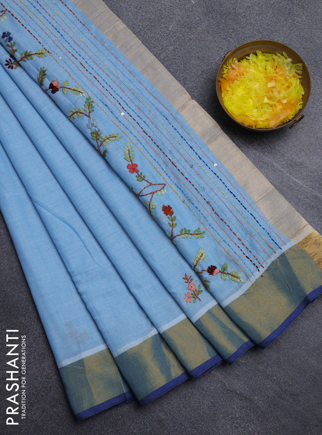 Mul cotton saree light blue and blue with embroidery work buttas and embroidery work pallu & zari woven border