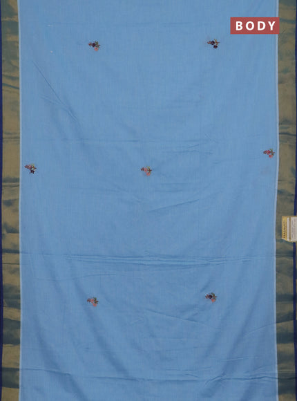 Mul cotton saree light blue and blue with embroidery work buttas and embroidery work pallu & zari woven border