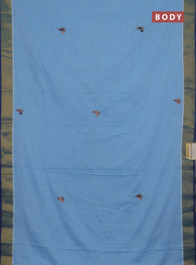 Mul cotton saree light blue and blue with embroidery work buttas and embroidery work pallu & zari woven border