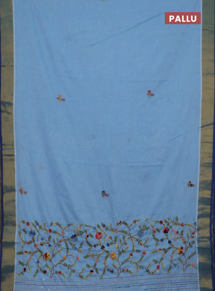 Mul cotton saree light blue and blue with embroidery work buttas and embroidery work pallu & zari woven border