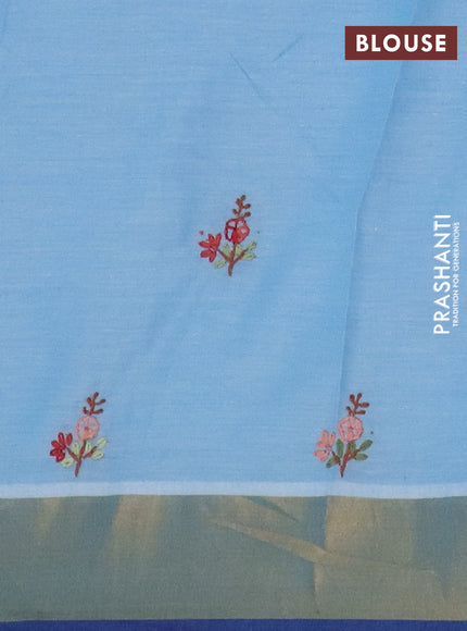 Mul cotton saree light blue and blue with embroidery work buttas and embroidery work pallu & zari woven border