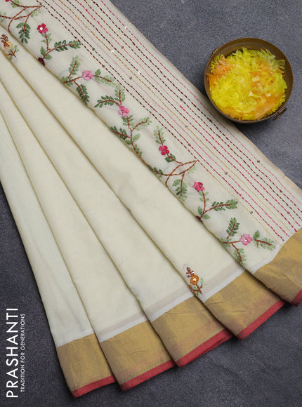 Mul cotton saree cream and maroon with embroidery work buttas and embroidery work pallu & zari woven border