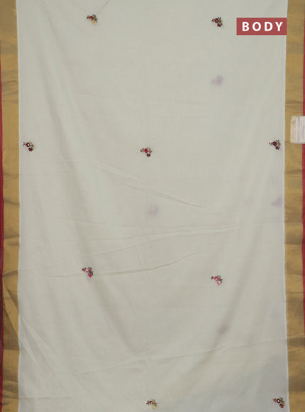 Mul cotton saree cream and maroon with embroidery work buttas and embroidery work pallu & zari woven border