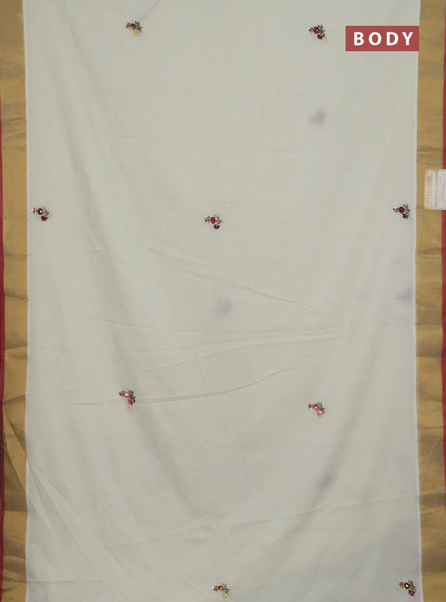 Mul cotton saree cream and maroon with embroidery work buttas and embroidery work pallu & zari woven border
