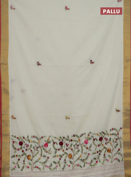 Mul cotton saree cream and maroon with embroidery work buttas and embroidery work pallu & zari woven border