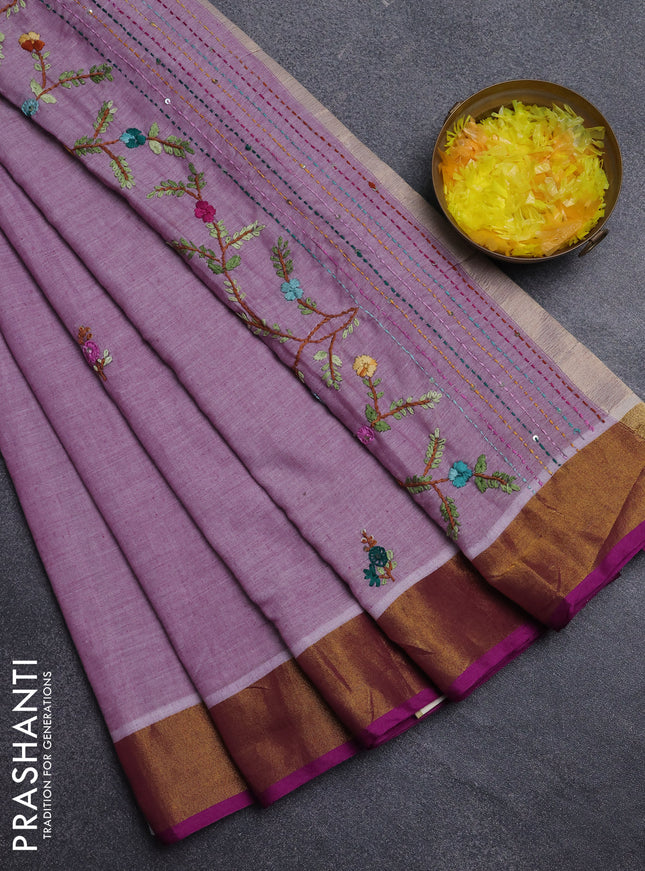 Mul cotton saree mild purple and purple with embroidery work buttas and embroidery work pallu & zari woven border