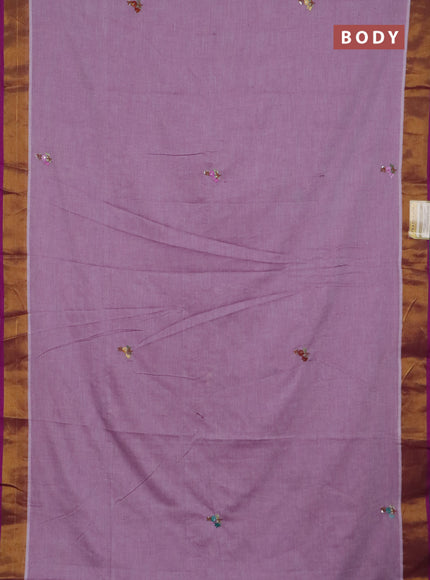 Mul cotton saree mild purple and purple with embroidery work buttas and embroidery work pallu & zari woven border