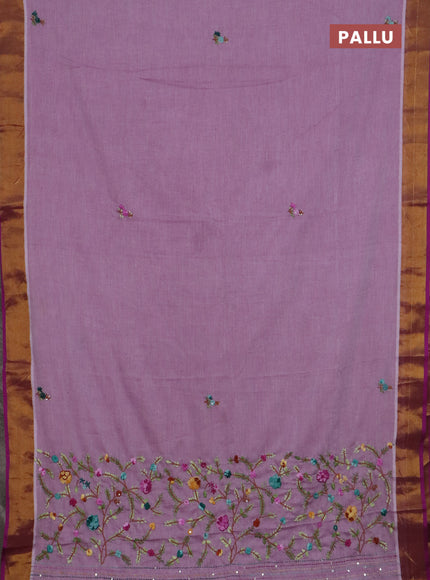Mul cotton saree mild purple and purple with embroidery work buttas and embroidery work pallu & zari woven border