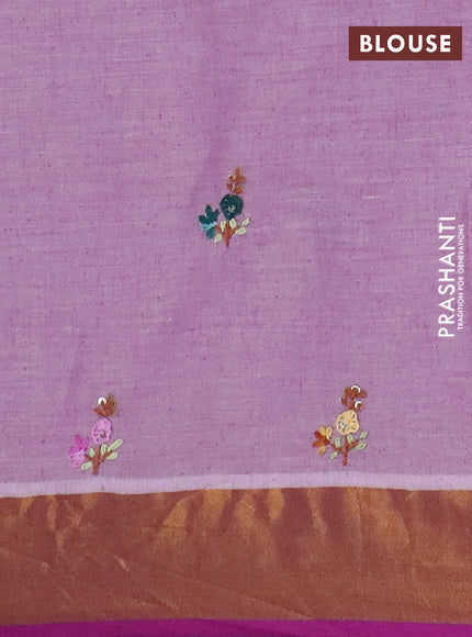 Mul cotton saree mild purple and purple with embroidery work buttas and embroidery work pallu & zari woven border