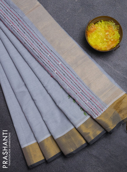 Mul cotton saree grey and dark grey with embroidery work buttas and embroidery work pallu & zari woven border