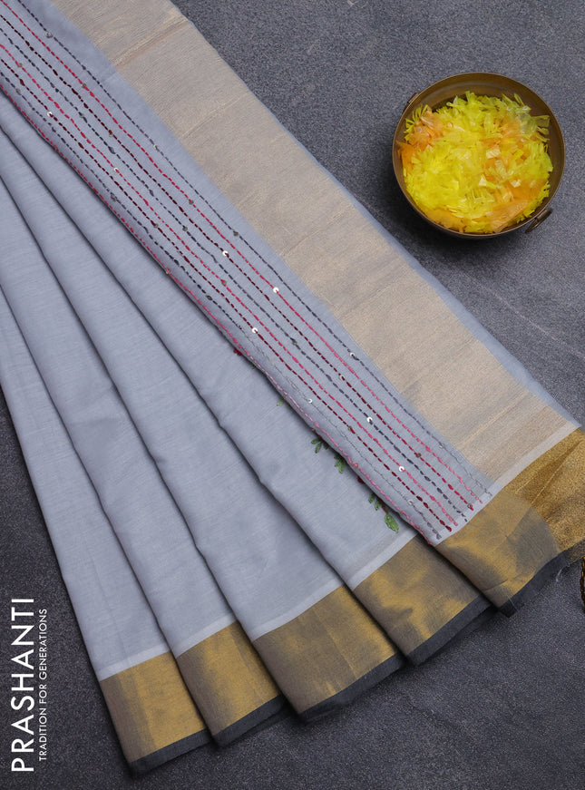 Mul cotton saree grey and dark grey with embroidery work buttas and embroidery work pallu & zari woven border
