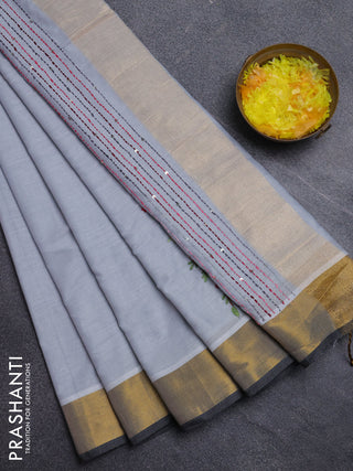 Mul cotton saree grey and dark grey with embroidery work buttas and embroidery work pallu & zari woven border