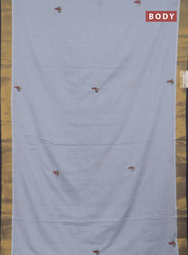Mul cotton saree grey and dark grey with embroidery work buttas and embroidery work pallu & zari woven border