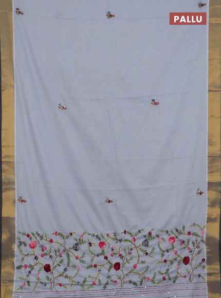 Mul cotton saree grey and dark grey with embroidery work buttas and embroidery work pallu & zari woven border