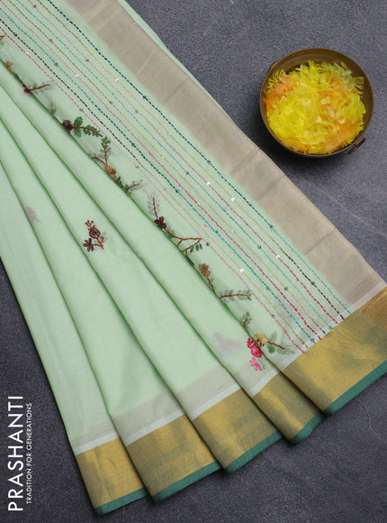 Mul cotton saree pista green and green with embroidery work buttas and embroidery work pallu & zari woven border