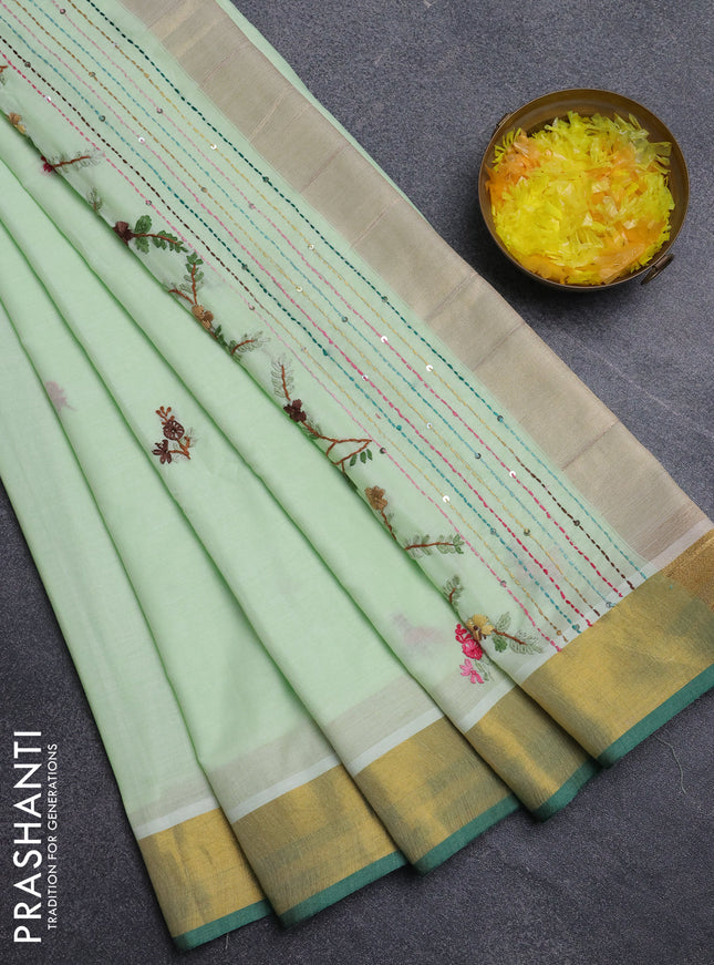 Mul cotton saree pista green and green with embroidery work buttas and embroidery work pallu & zari woven border