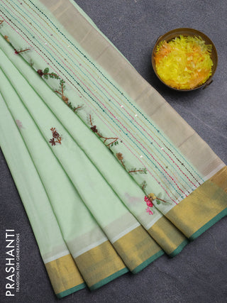Mul cotton saree pista green and green with embroidery work buttas and embroidery work pallu & zari woven border