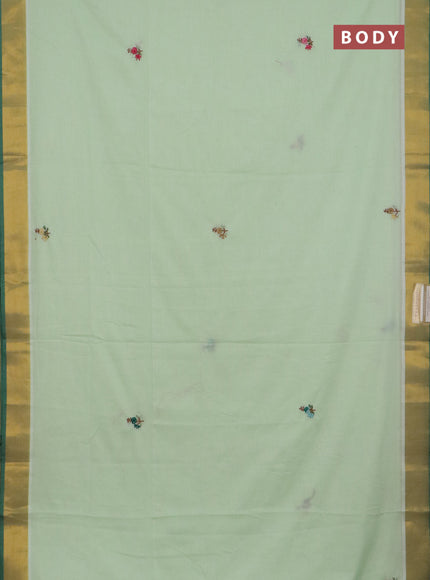 Mul cotton saree pista green and green with embroidery work buttas and embroidery work pallu & zari woven border