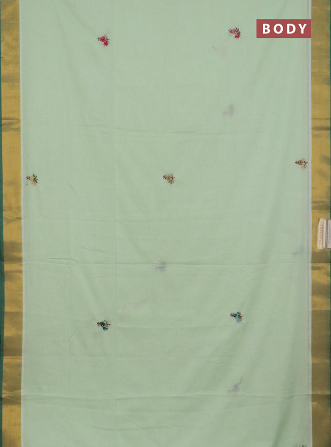 Mul cotton saree pista green and green with embroidery work buttas and embroidery work pallu & zari woven border
