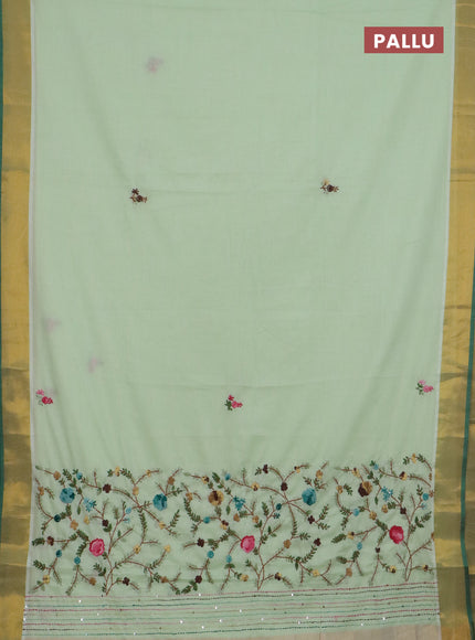 Mul cotton saree pista green and green with embroidery work buttas and embroidery work pallu & zari woven border