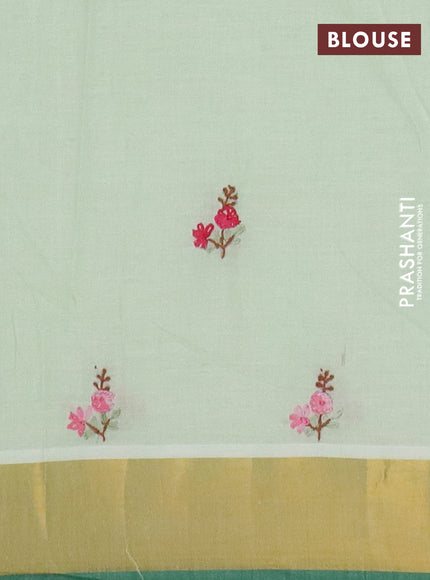 Mul cotton saree pista green and green with embroidery work buttas and embroidery work pallu & zari woven border