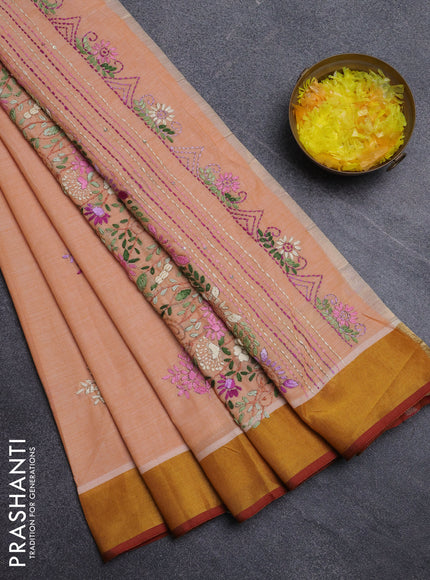 Mul cotton saree pale orange and maroon with embroidery work buttas and embroidery work pallu & zari woven border