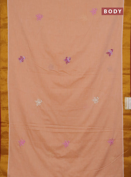 Mul cotton saree pale orange and maroon with embroidery work buttas and embroidery work pallu & zari woven border