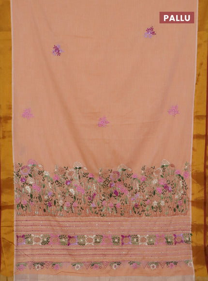 Mul cotton saree pale orange and maroon with embroidery work buttas and embroidery work pallu & zari woven border