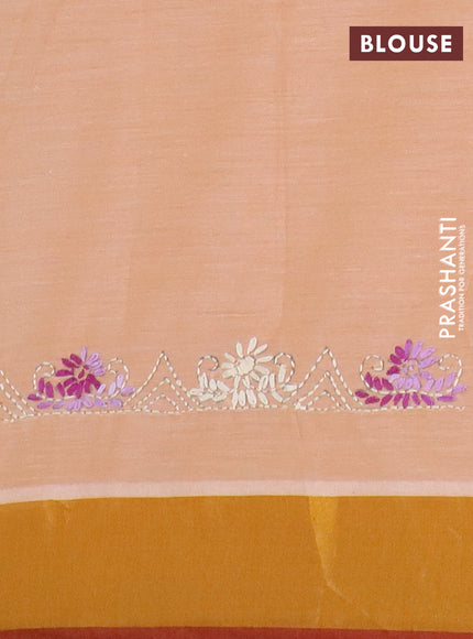 Mul cotton saree pale orange and maroon with embroidery work buttas and embroidery work pallu & zari woven border