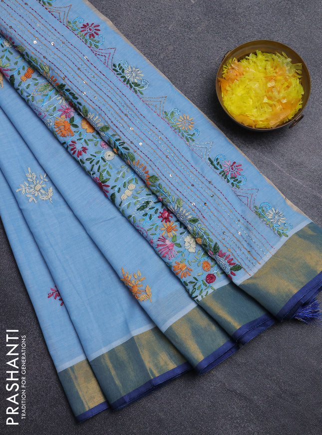 Mul cotton saree light blue and blue with embroidery work buttas and embroidery work pallu & zari woven border