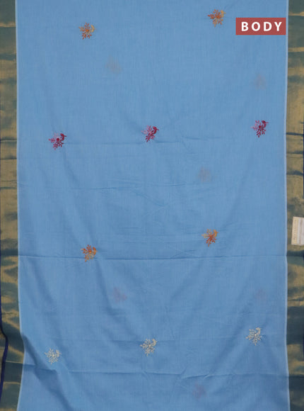 Mul cotton saree light blue and blue with embroidery work buttas and embroidery work pallu & zari woven border
