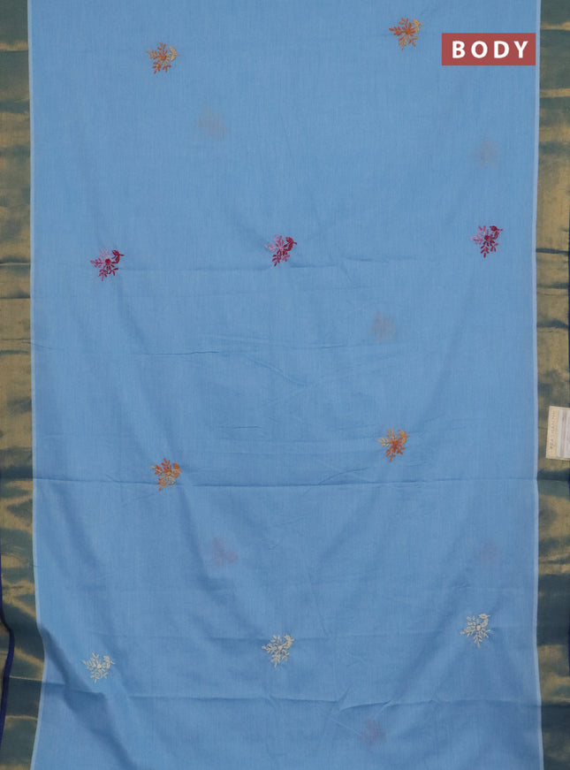 Mul cotton saree light blue and blue with embroidery work buttas and embroidery work pallu & zari woven border