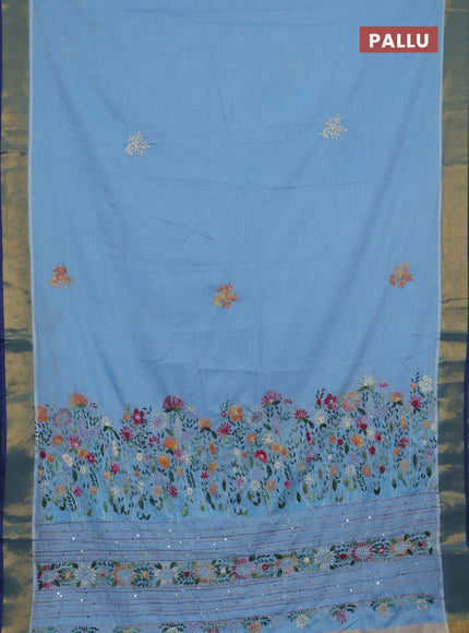Mul cotton saree light blue and blue with embroidery work buttas and embroidery work pallu & zari woven border